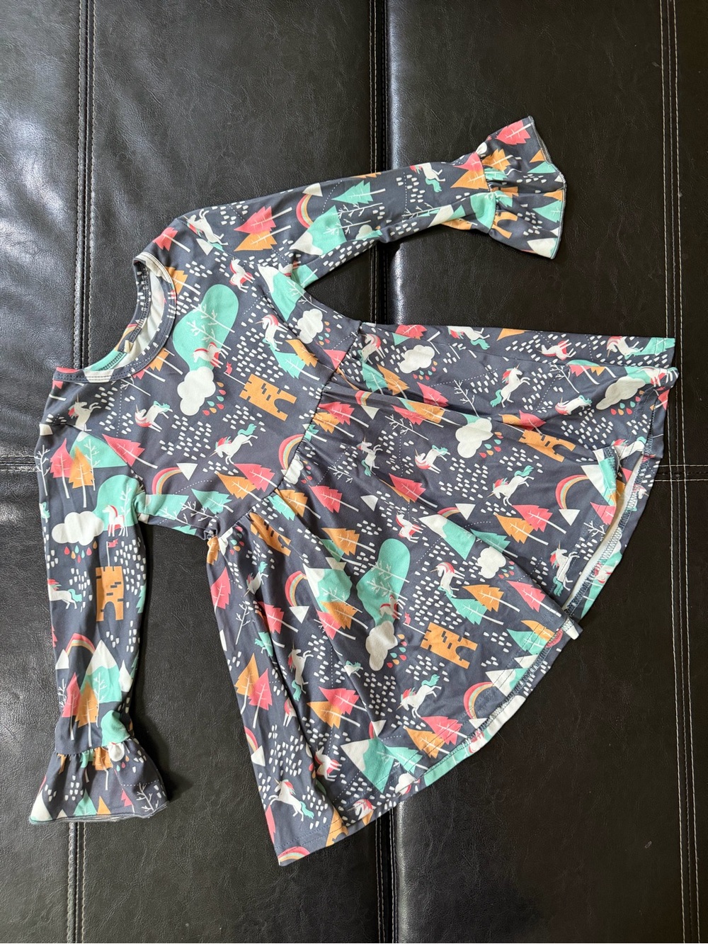 Boutique Girl’s Gray Knit Dress with Teal, Coral & Yellow Forest Print